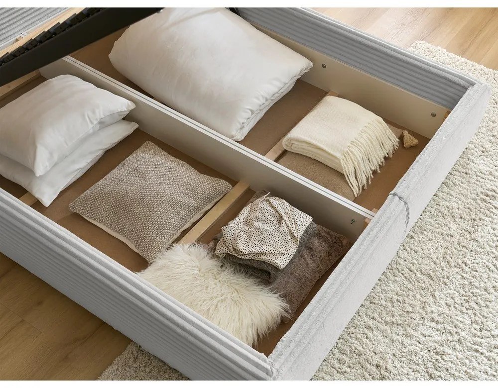 Pat matrimonial gri deschis tapițat cu spațiu de depozitare cu somieră 180x200 cm Jade – Bobochic Paris