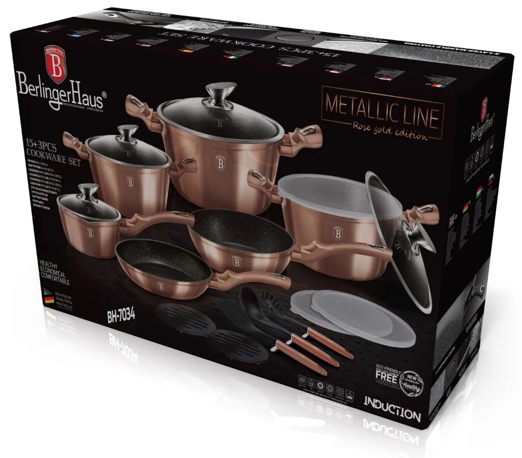 Set oale si tigai, cu capace, marmorate, 18 piese Rose Gold Berlinger Haus BH 7034, compatibile cu plita cu inductie