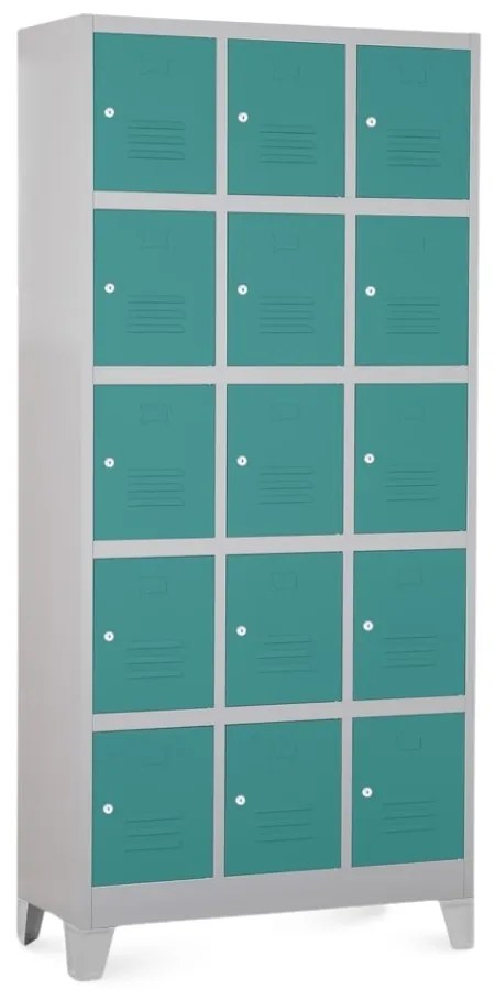 Dulap metalic - 15 cutii, 90 x 40 x 195 cm, picioare fixe, încuietoare cilindrică, verde - ral 6033