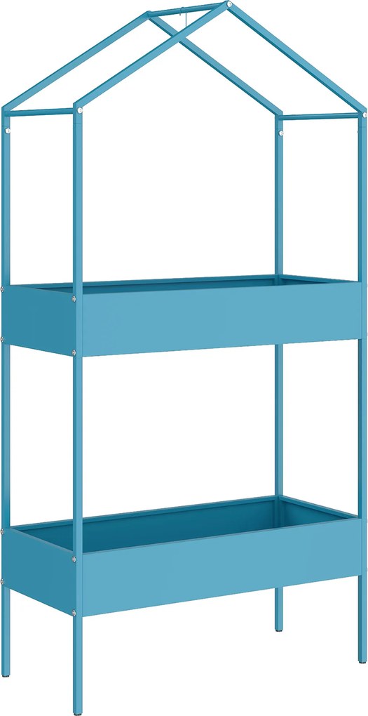 Outsunny Suport Ghivece pe 2 Niveluri din Metal în Formă de Casă, Raft pentru Plante cu Cârlig pentru Interior și Exterior, 75x35x150 cm, Verde Albastru | Aosom Romania