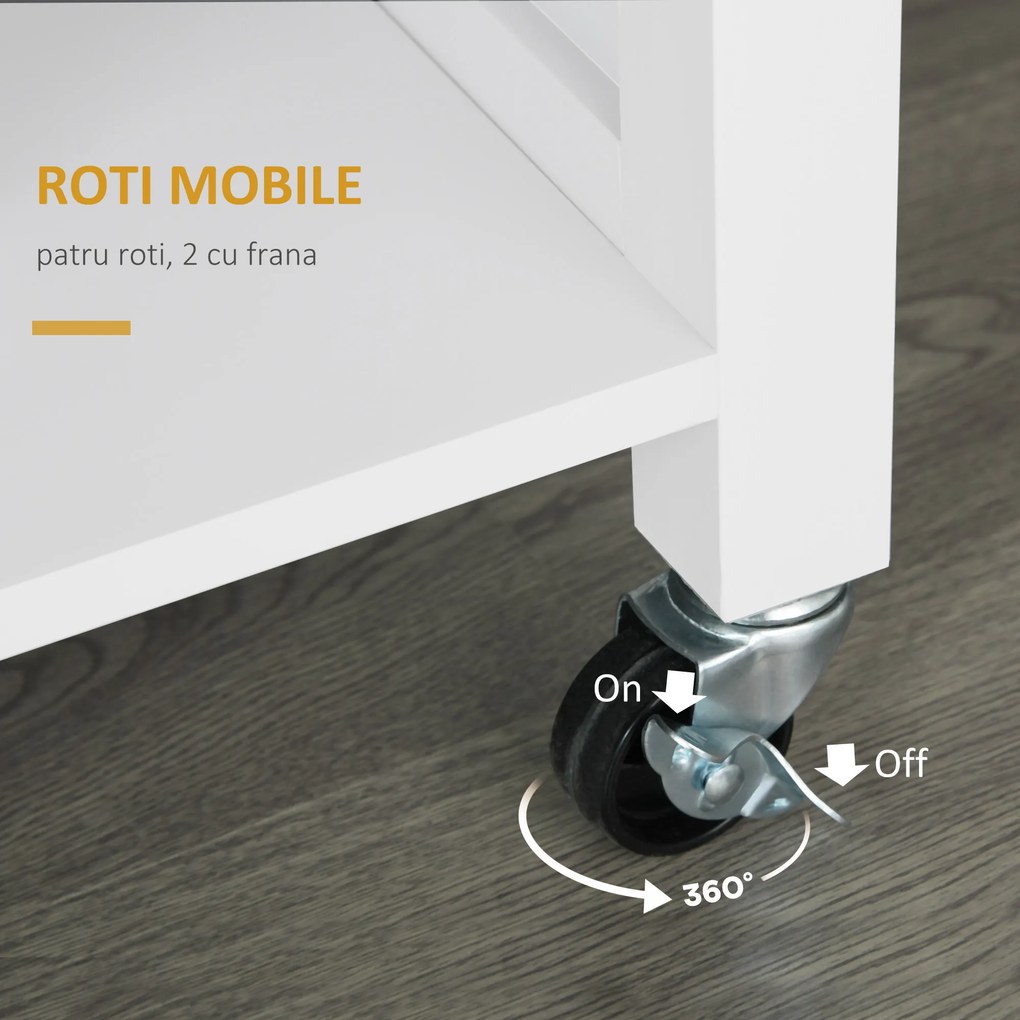 HOMCOM Carucioare de bucatarie cu 4 roți, 3 rafturi, pentru sufragerie, din MDF, Lemn și Cauciuc, 107.5x48x89 cm, Alb | Aosom Romania