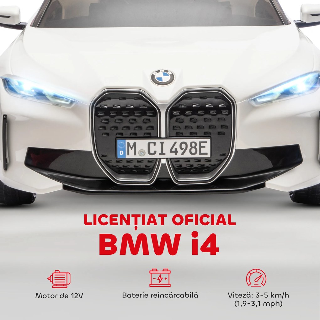 HOMCOM Masinuta Electrica pentru Copii BMW i4 cu Licenta de 12V cu Telecomanda, Baterii Portabile, Muzica, Claxon, pentru 3-6 ani Alb | Aosom Romania