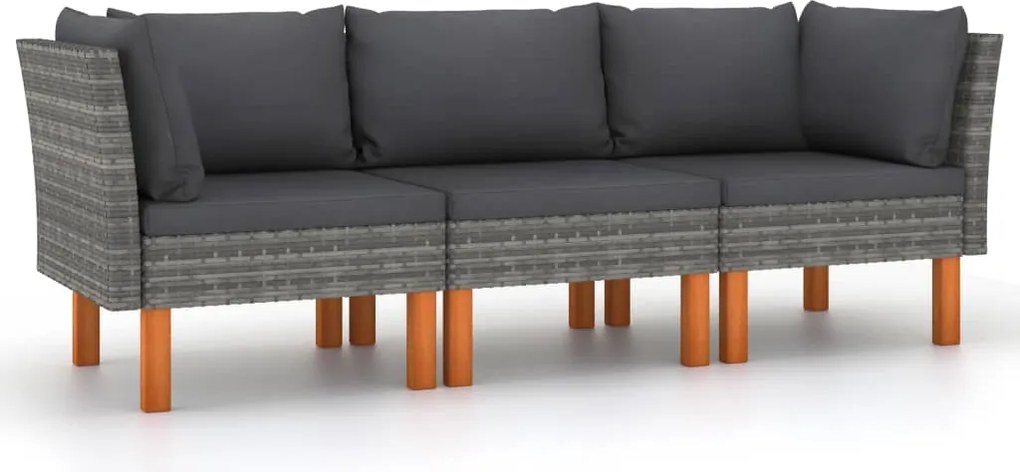 vidaXL Canapea de grădină cu 3 locuri, cu perne, gri, poliratan