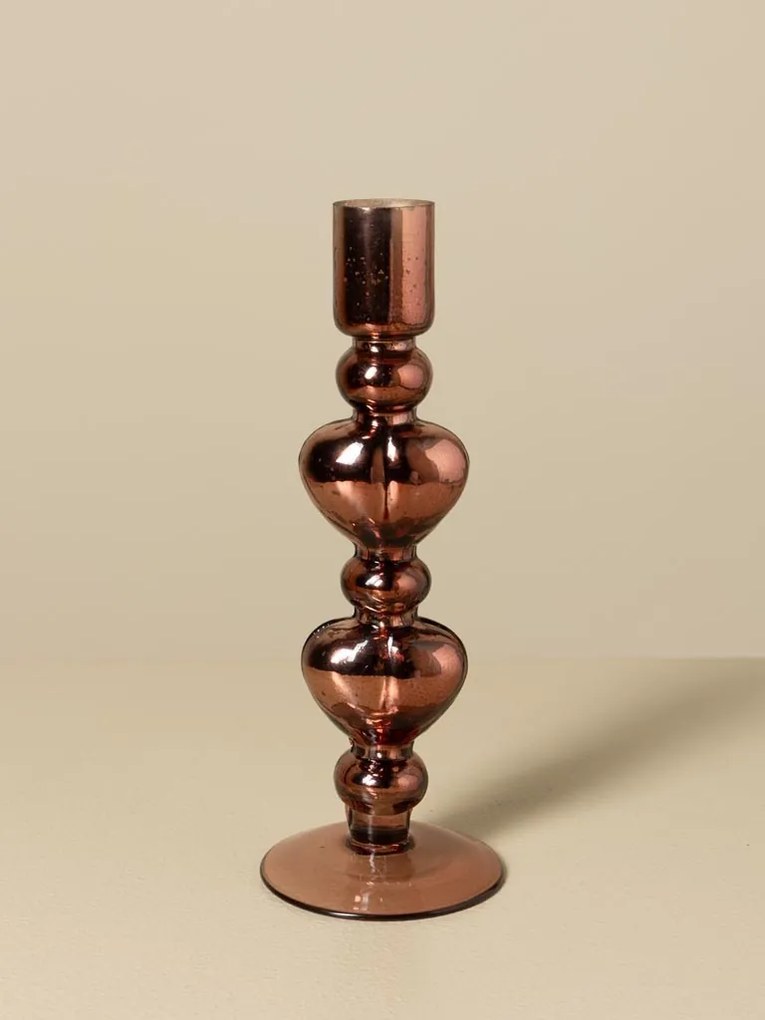 Sfeșnic din sticlă cu inimi sculptate suprapuse, maro-argintiu, finisaj lucios, 23×8 cm, „Cœur"