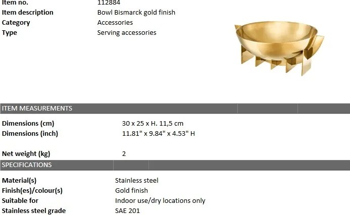 Vas decorativ din otel inoxidabil design LUX Bismarck, auriu 112884 HZ