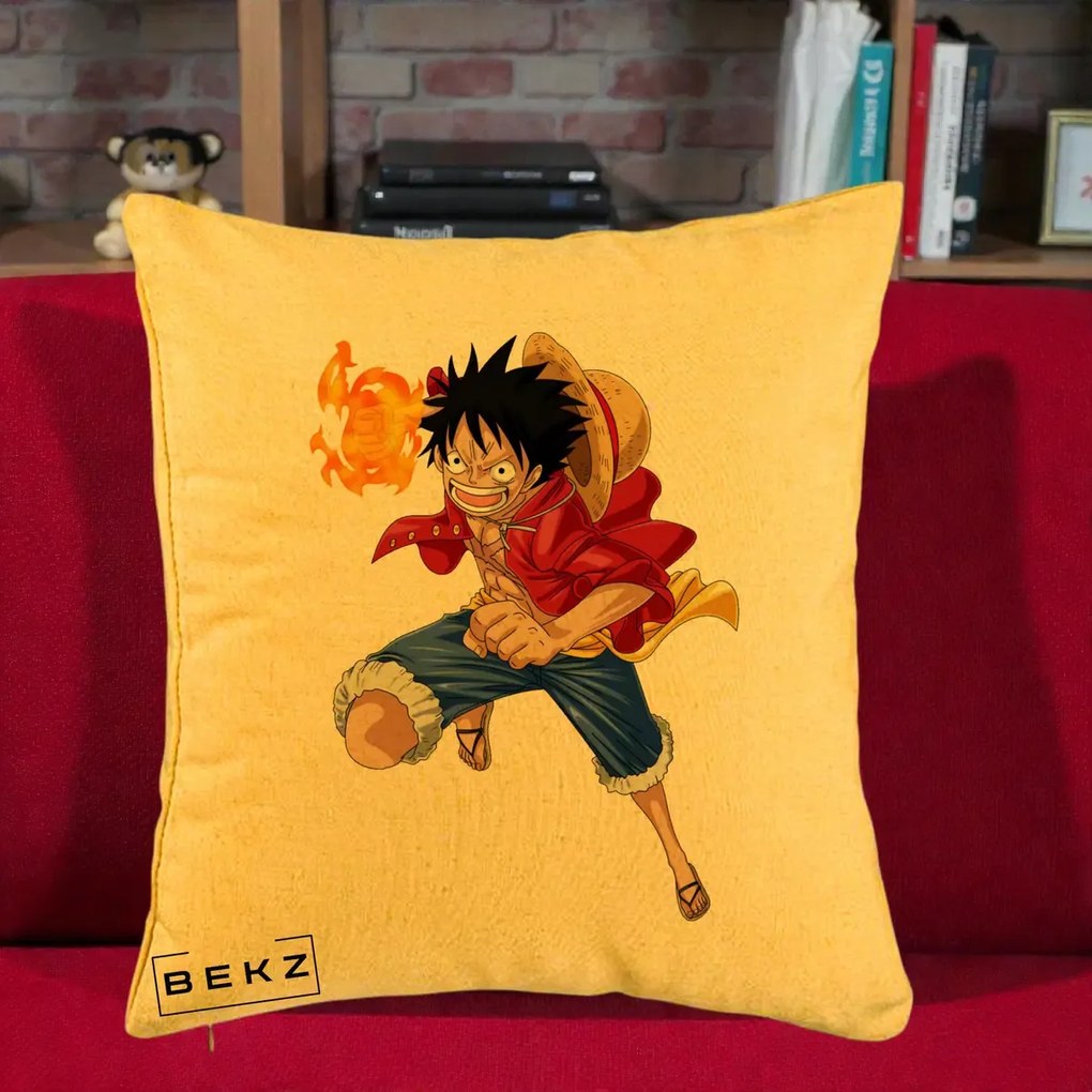 Perna Personalizata One Piece Luffy Gear Second Foc, 40x40 cm, Galben, Husa Detasabila, Perna Inclusa, BEKZ®