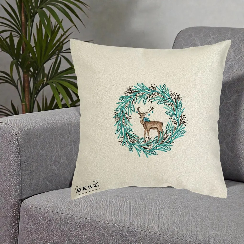 Perna Decorativa Coroana Turcoaz cu Ren, 40x40 cm, Ecru, Husa Detasabila, Perna Inclusa, BEKZ®