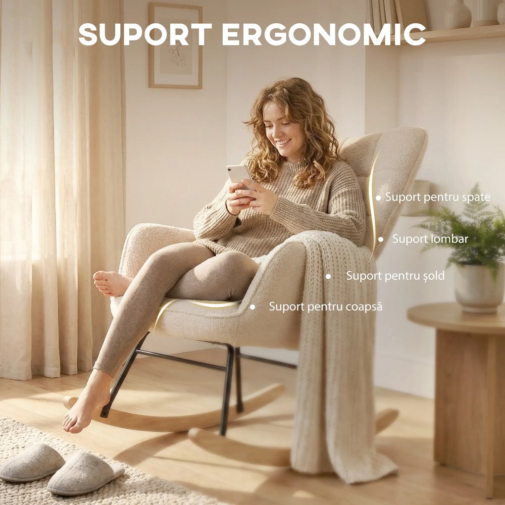 HOMCOM Balansoar Tapițat cu Cotiere, Fotoliu din Lemn și Oțel pentru Living și Dormitor, 71x92x101 cm, Bej