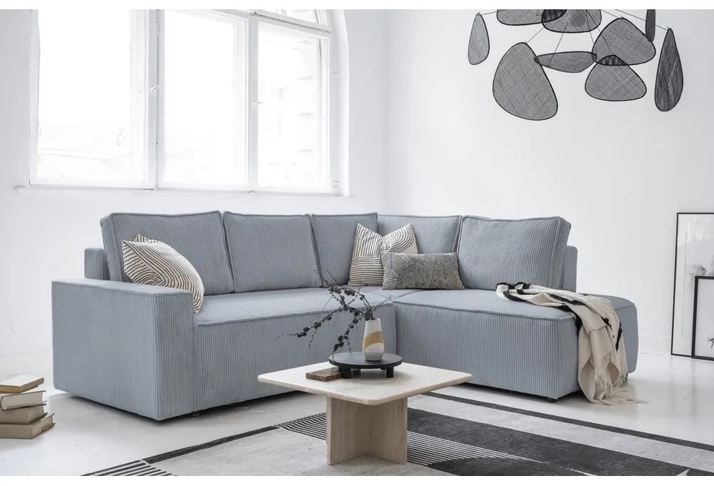 Colțar gri deschis extensibil cu tapițerie din catifea reiată (cu colț pe partea dreaptă) Brave Dave – Miuform