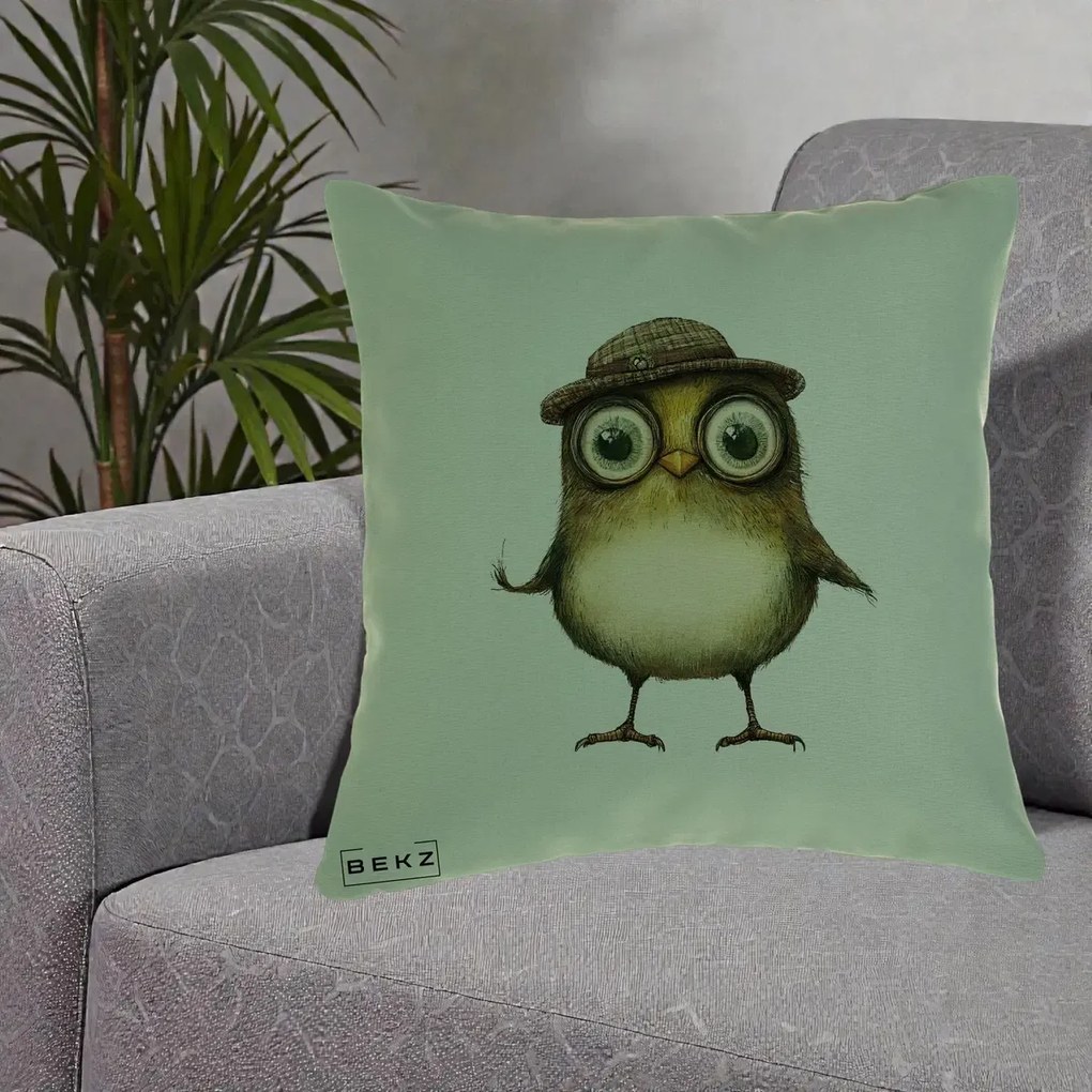 Perna Decorativa Pui Intelectual cu Palarie Tweed, 40x40 cm, Verde, Husa Detasabila, Perna Inclusa, BEKZ®