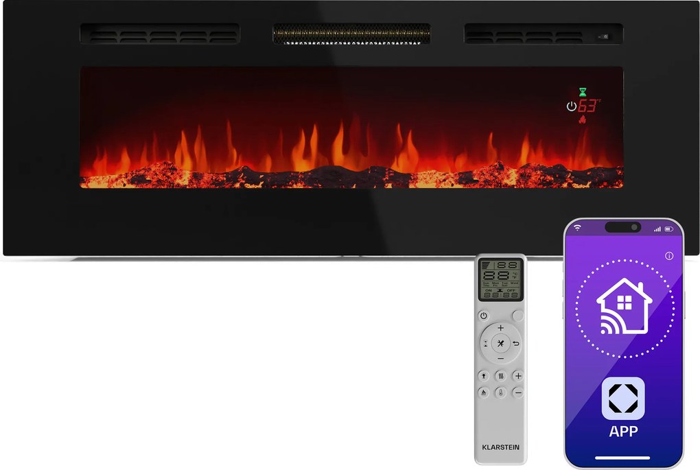 Klarstein Șemineu electric inteligent Galeras Smart, 2 setări de temperatură, 16 - 30°| Iluzia flăcării LED, Opțiune de conectare IOT