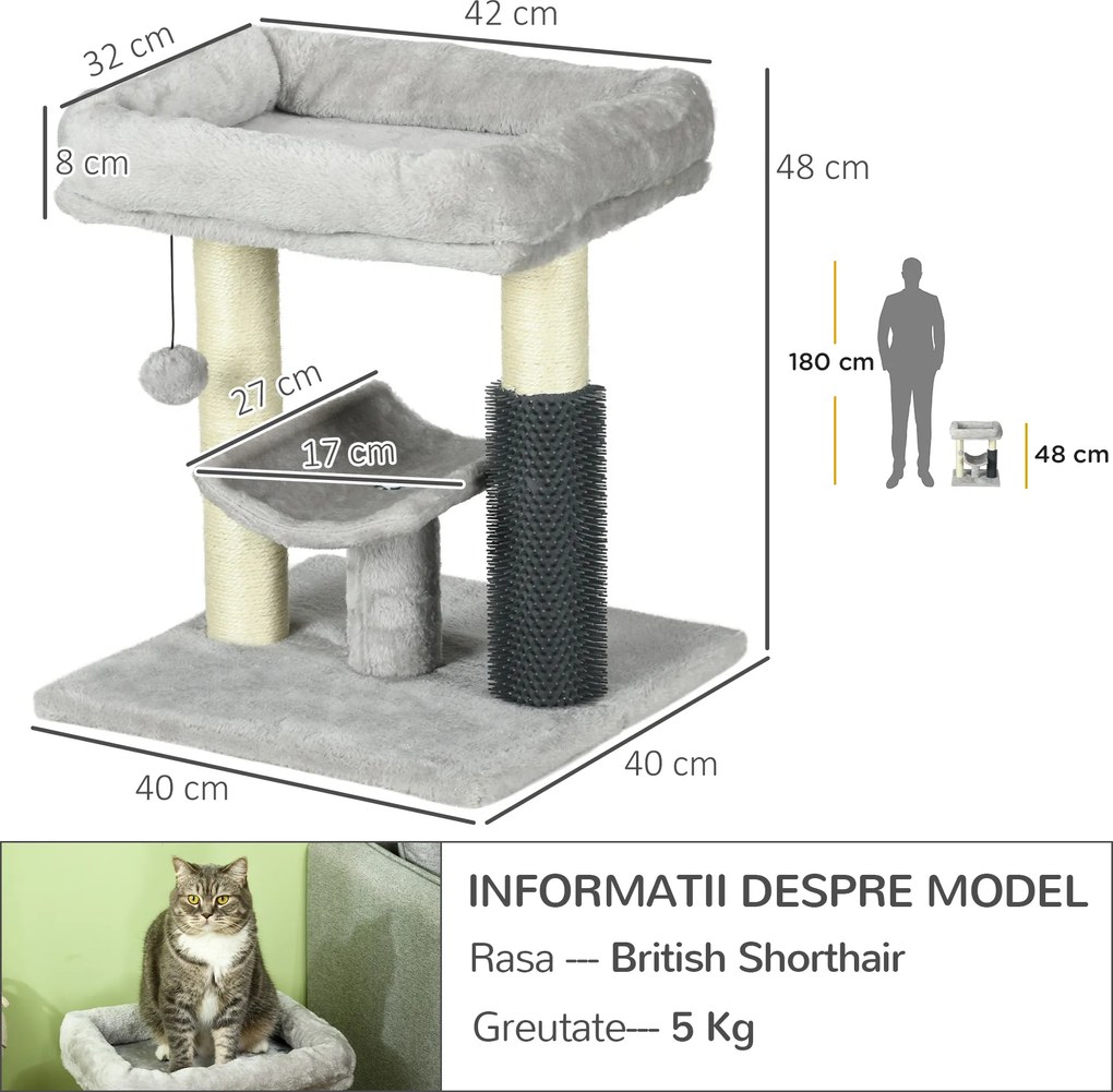 PawHut Ansamblu de Zgâriat cu Pătuț, Platformă, Perie și Stâlp din Sisal, 40x40x48 cm, Gri | Aosom Romania