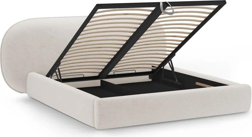 Pat matrimonial crem tapițat cu spațiu de depozitare cu somieră 160x200 cm Ovalo – Micadoni
