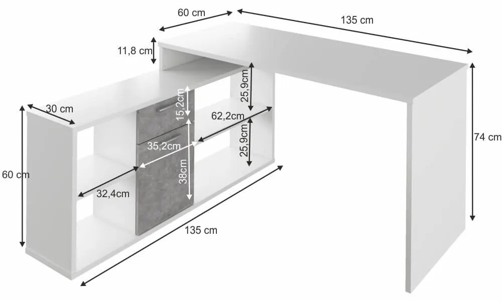 Birou pe colt , 135x135 cm , 5 culori la alegere , Bortis Impex alb/gri beton