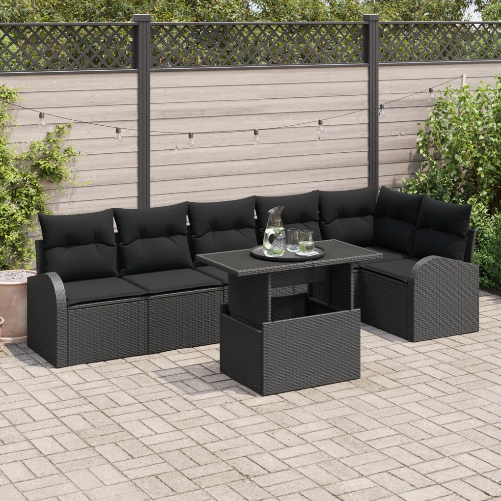 vidaXL Set de canapele de grădină vitaXL, 7 piese, cu perne, din rattan poliester negru