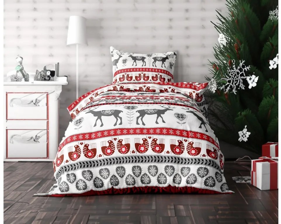 Lenjerie de pat flanel CHRISTMAS DEER AND GROUSE alb + cearsaf microplus SOFT 90x200 cm gri inchis