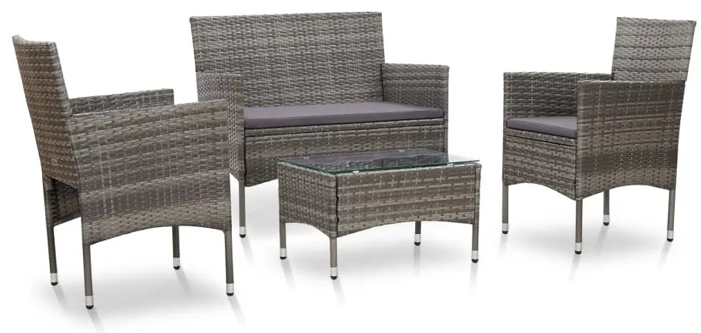 Set mobilier de gradina cu perne, 4 piese, gri, poliratan