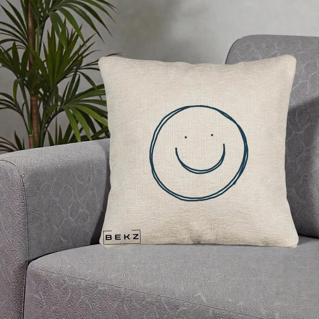 Perna Decorativa Smile Desen Minimalist, 40x40 cm, Bej Canapea, Husa Detasabila, Perna Inclusa, BEKZ®