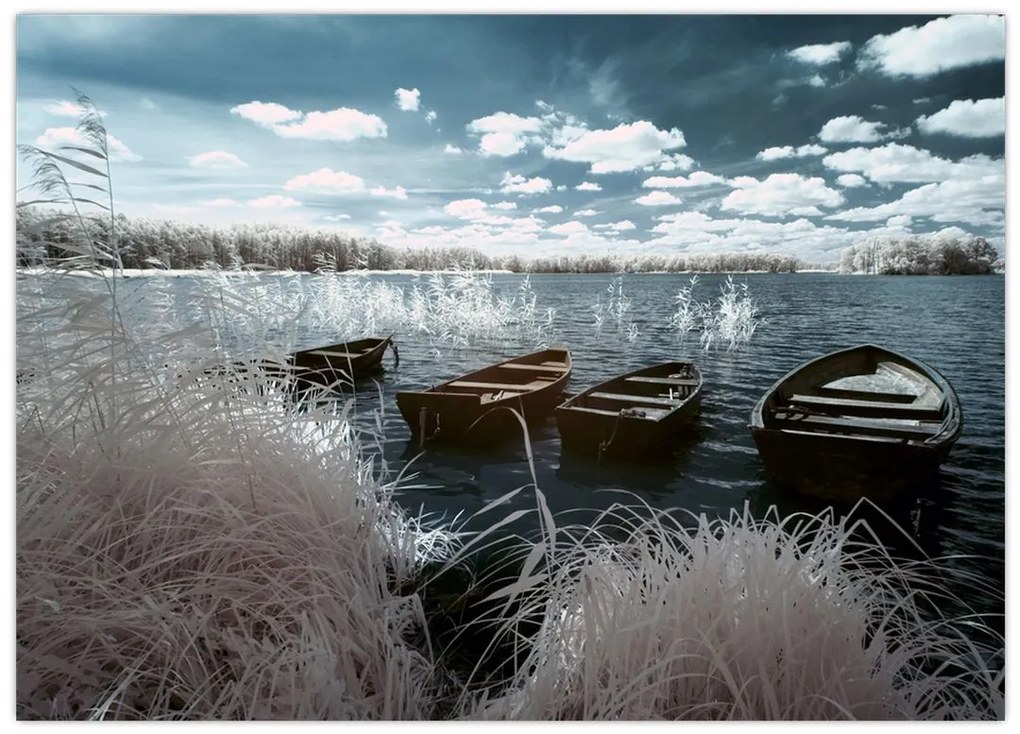 Tablou pe sticlă - Bărci de lemn pe lac (70x50 cm)