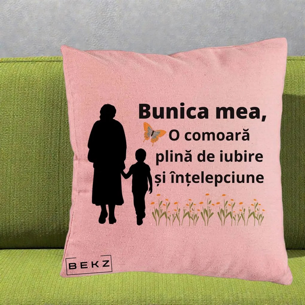 Cadou pentru Bunica - Perna Personalizata Bunica Mea Comoara cu Fluture si Baietel, 40x40 cm, Roz, Husa Detasabila, Perna Inclusa, BEKZ®
