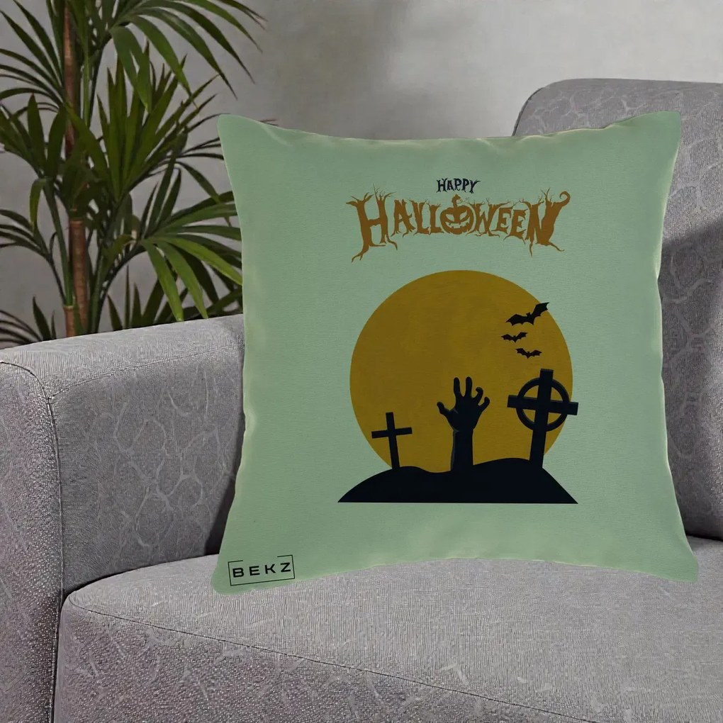 Perna Decorativa Happy Halloween Cimitir cu Luna, 40x40 cm, Verde, Husa Detasabila, Perna Inclusa, BEKZ®