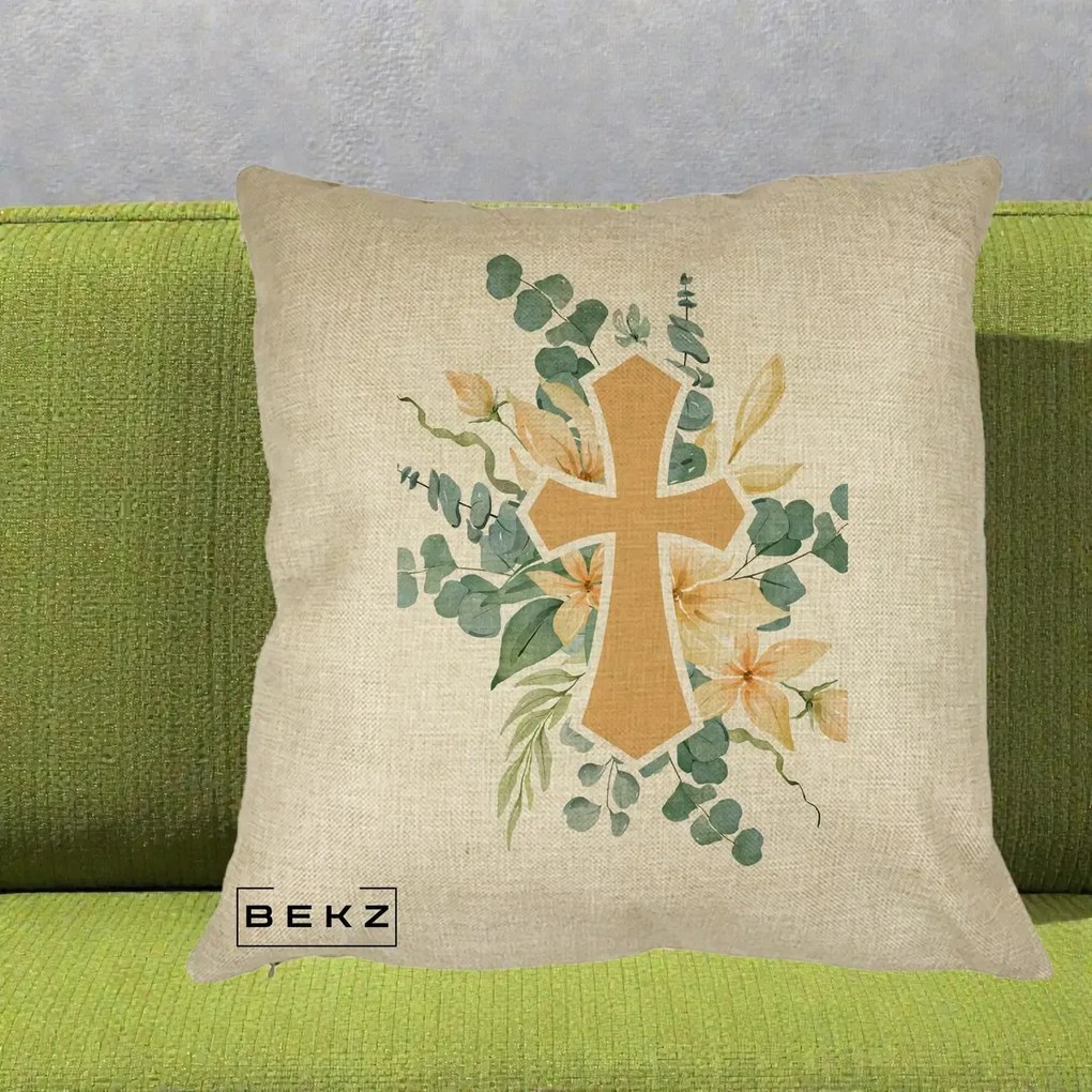 Perna Personalizata Cruce Florala Botez, 40x40 cm, Crem, Husa Detasabila, Perna Inclusa, BEKZ®