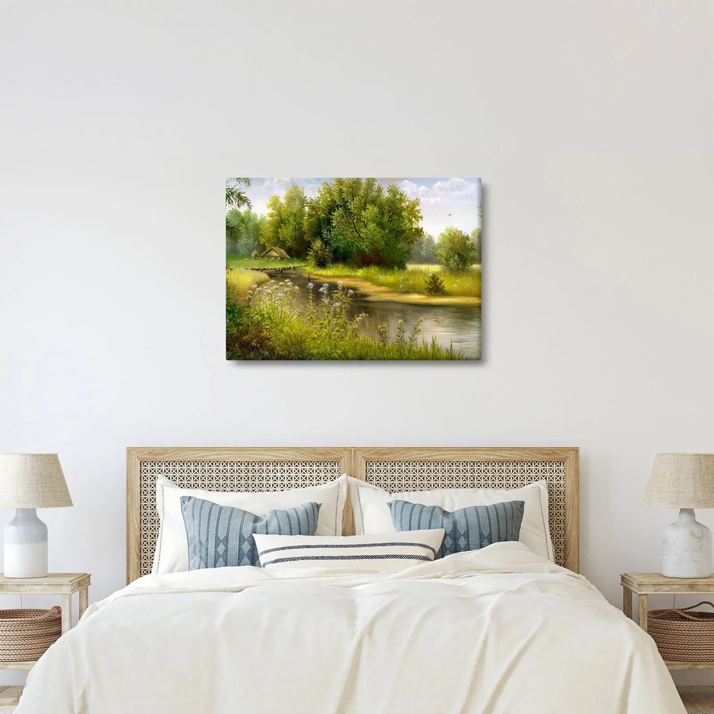 Tablou - Râu lângă pădure, pictură în ulei (70x50 cm)