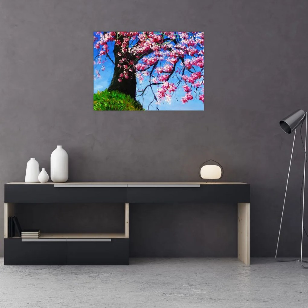 Tablou pe sticlă - Cireș înflorit - pictură (70x50 cm)