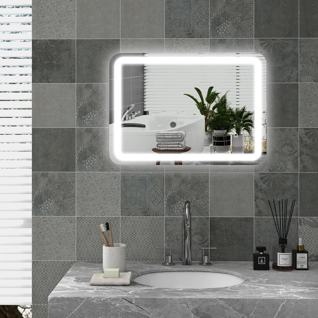 kleankin Oglindă LED, pentru Baie și Machiaj,lumina Reglabilă cu 3 Temperaturi de Culoare, Design anti-aburire, 70x50 cm, Argintiu | Aosom Romania