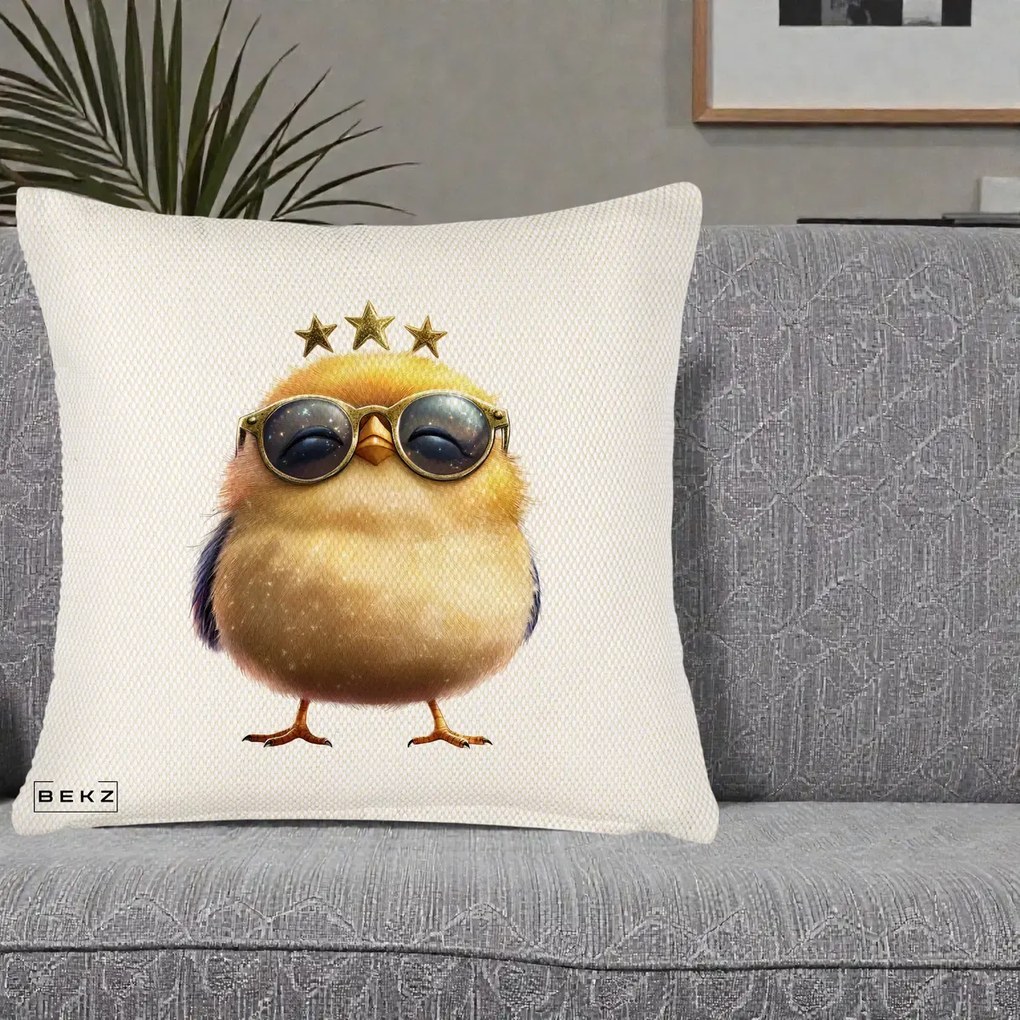Perna Decorativa Pui Gold Star cu Ochelari Aurii, 40x40 cm, Crem Reliefat, Husa Detasabila, Perna Inclusa, BEKZ®