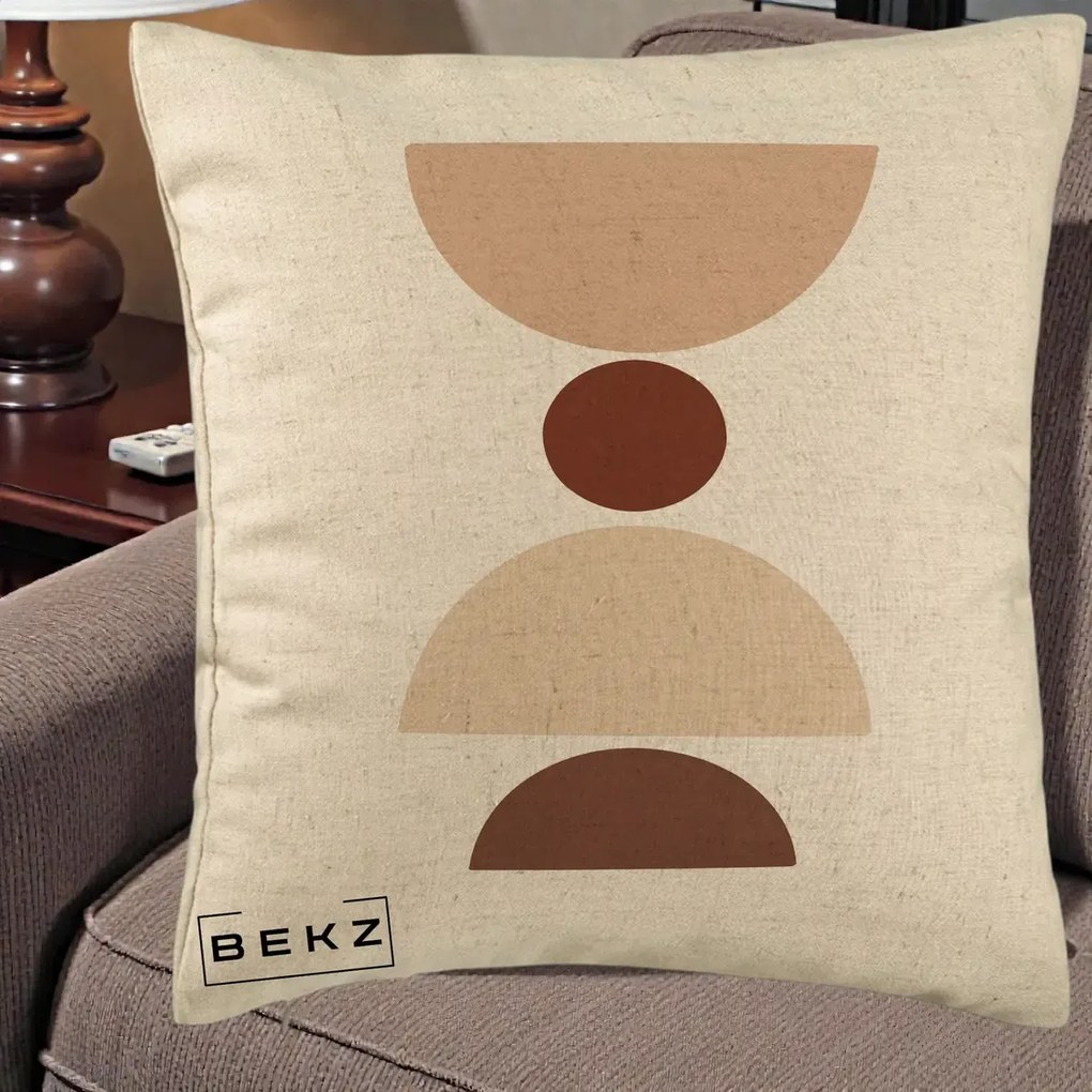 Perna Decorativa Geometric Boho Cerc si Boluri, 40x40 cm, Bej, Husa Detasabila, Perna Inclusa, BEKZ®