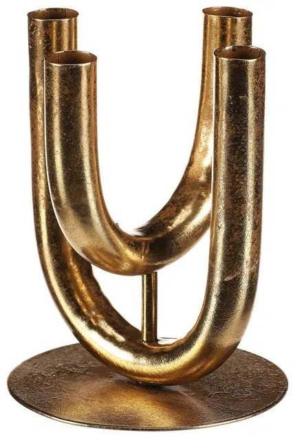 Sfeșnic metalic cu 4 brațe pentru lumânări conice,auriu, 14 x 14 x 18 cm