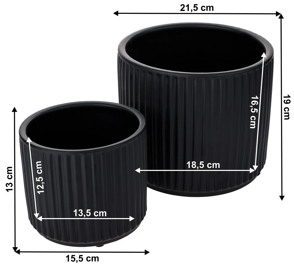 Ghivece de flori din ceramică, set de 2, negru mat, KELSO