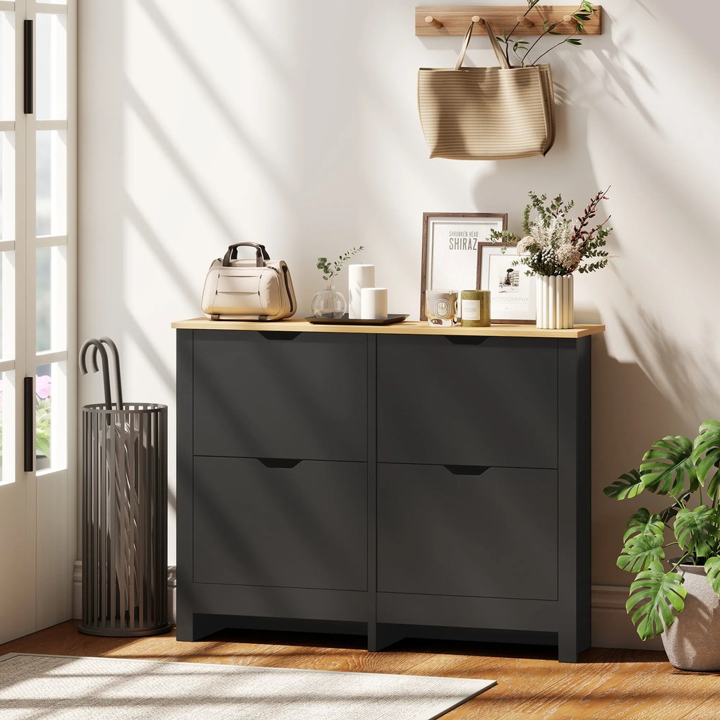 HOMCOM Dulap pentru pantofi 16 perechi, dulap cu 4 sertare rabatabile și polițe reglabile, negru și lemn natural | Aosom Romania