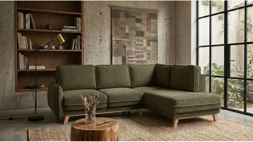Colțar verde extensibil cu tapițerie din catifea reiată (cu colț pe partea dreaptă) Tori – Bonami Selection
