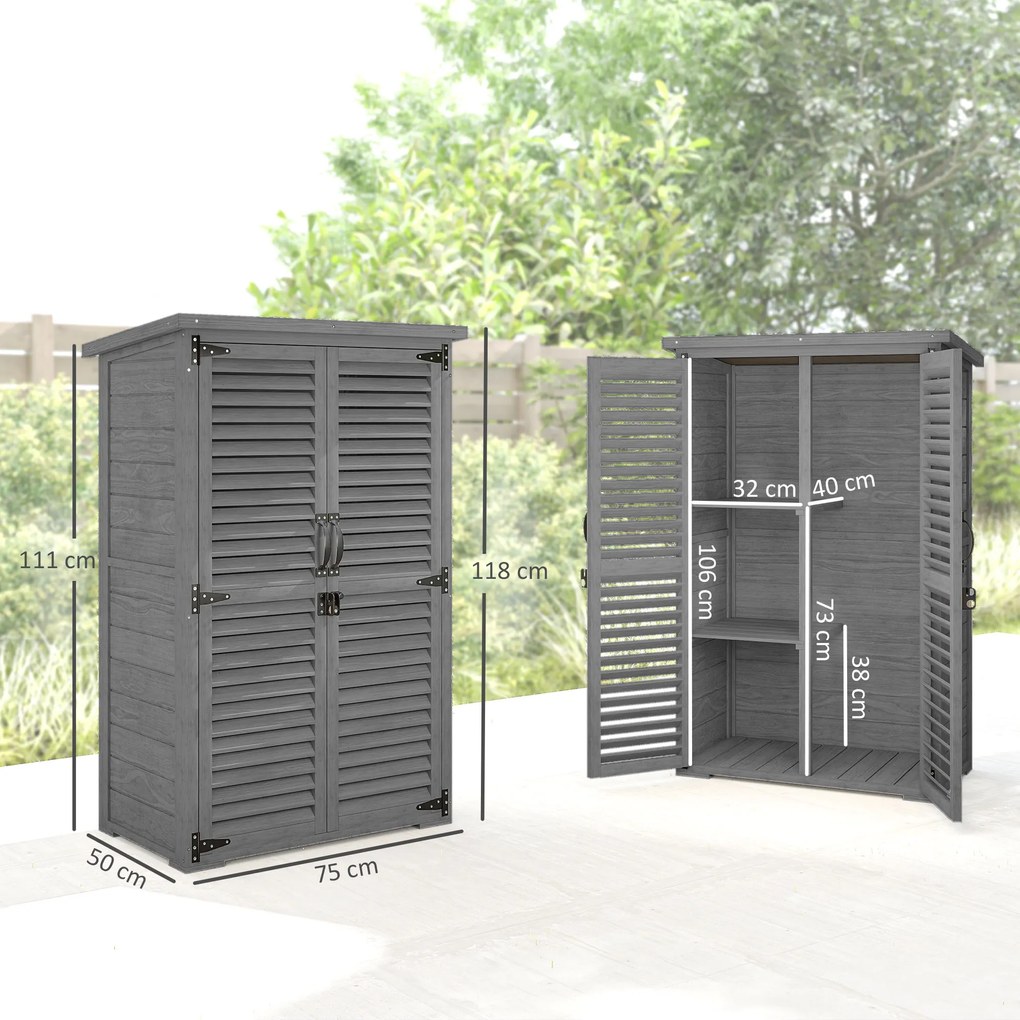 Outsunny Dulap de grădină Remiză pentru unelte din lemn 2 rafturi Acoperiș bitumat Uși cu obloane Blocabil 75 x 50 x 118cm Gri | Aosom Romania