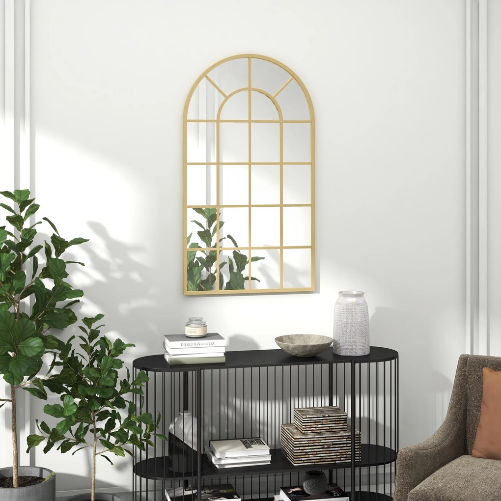 HOMCOM Oglindă de perete, design tip fereastră, oglindă de hol, ramă metalică, 110 x 65 cm, Gold | Aosom Romania