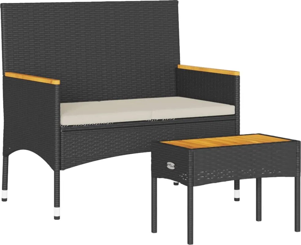 vidaXL Bancă de grădină cu 2 locuri/perne/masă, negru, poliratan