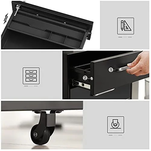 Corp mobil pentru birou / rollbox cu 3 sertare, metal, negru, Songmics