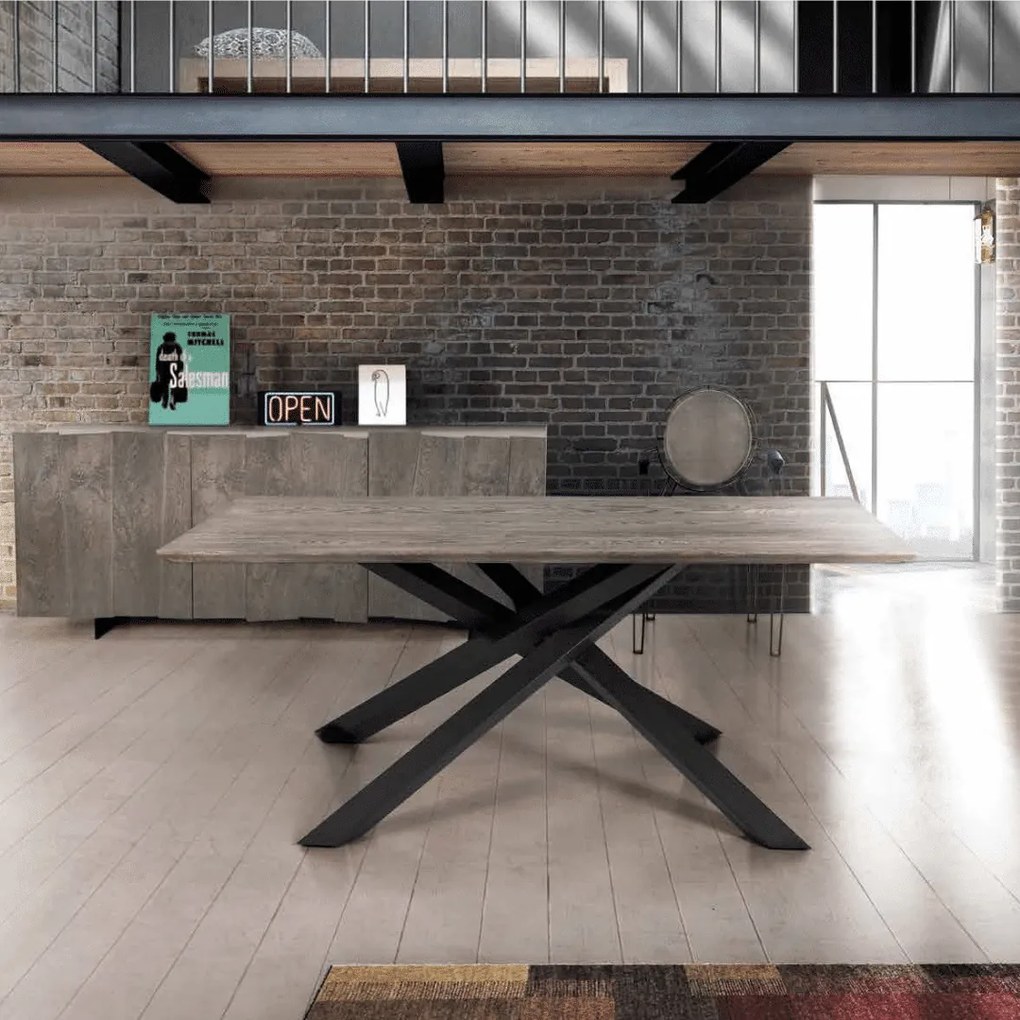 MASA FOREST -BLAT LEMN MASIV CU PICIOR METAL - GRI CIMENT - 250 cm / 100 cm / h 77 cm