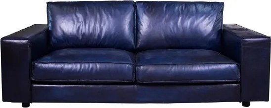 Canapea 2 locuri din piele naturală albastru închis, cu brațe late drepte și perne ample la spătar, aspect vintage, 83 x 205 x 104 cm, „Balthazar”