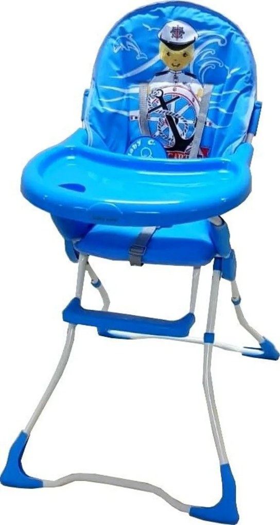 Scaun de masa pentru copii si bebe Baby Care™ CH ,pliabil, centura de siguranta, sezut comfortabil, masuta detasabila, model Micul Marinar, Albastru