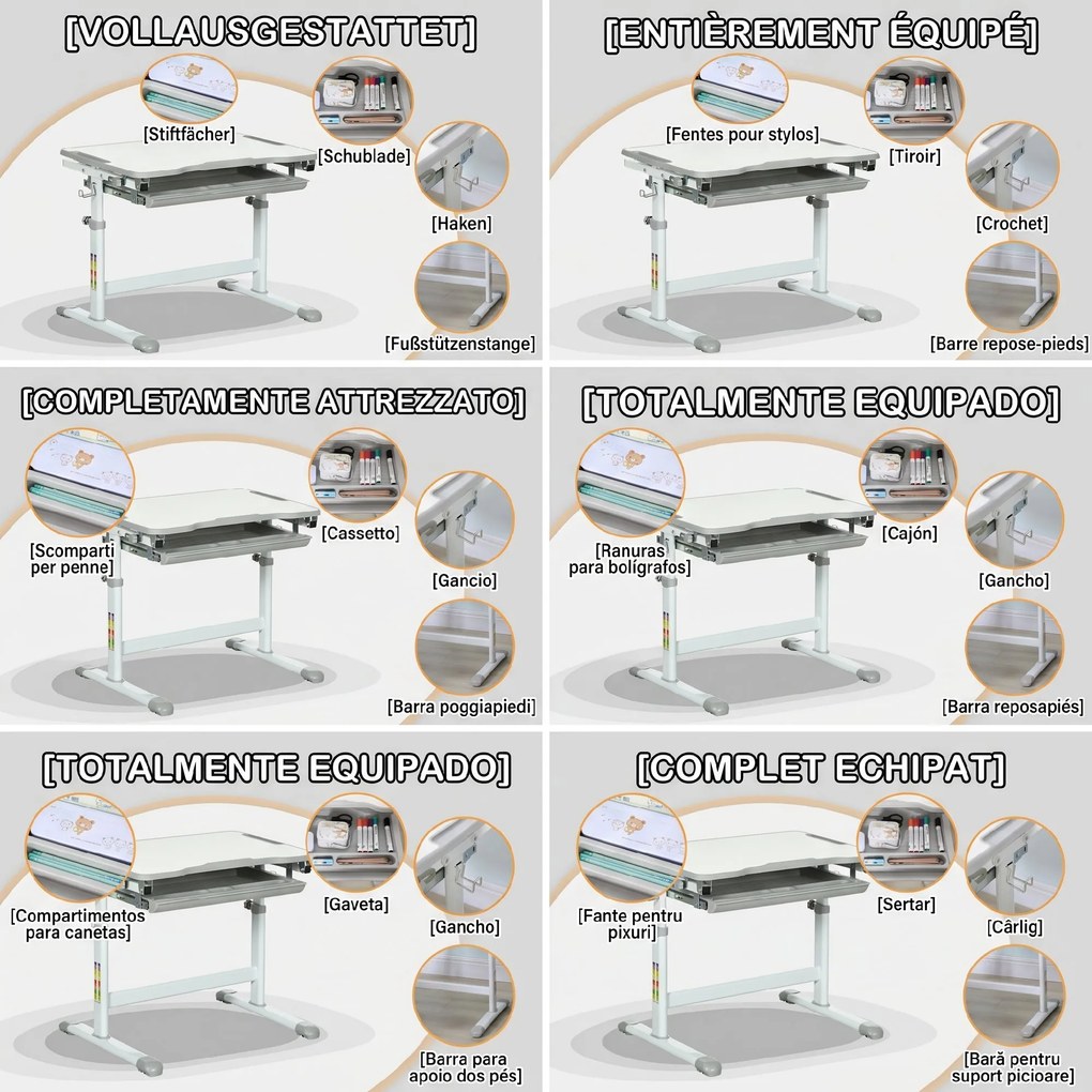 HOMCOM Set Masă și Scaun pentru Copii 6-12 ani, Reglabil pe Înălțime, cu Blat Înclinabil la 45°, 66x47x52-77 cm, Gri | Aosom Romania