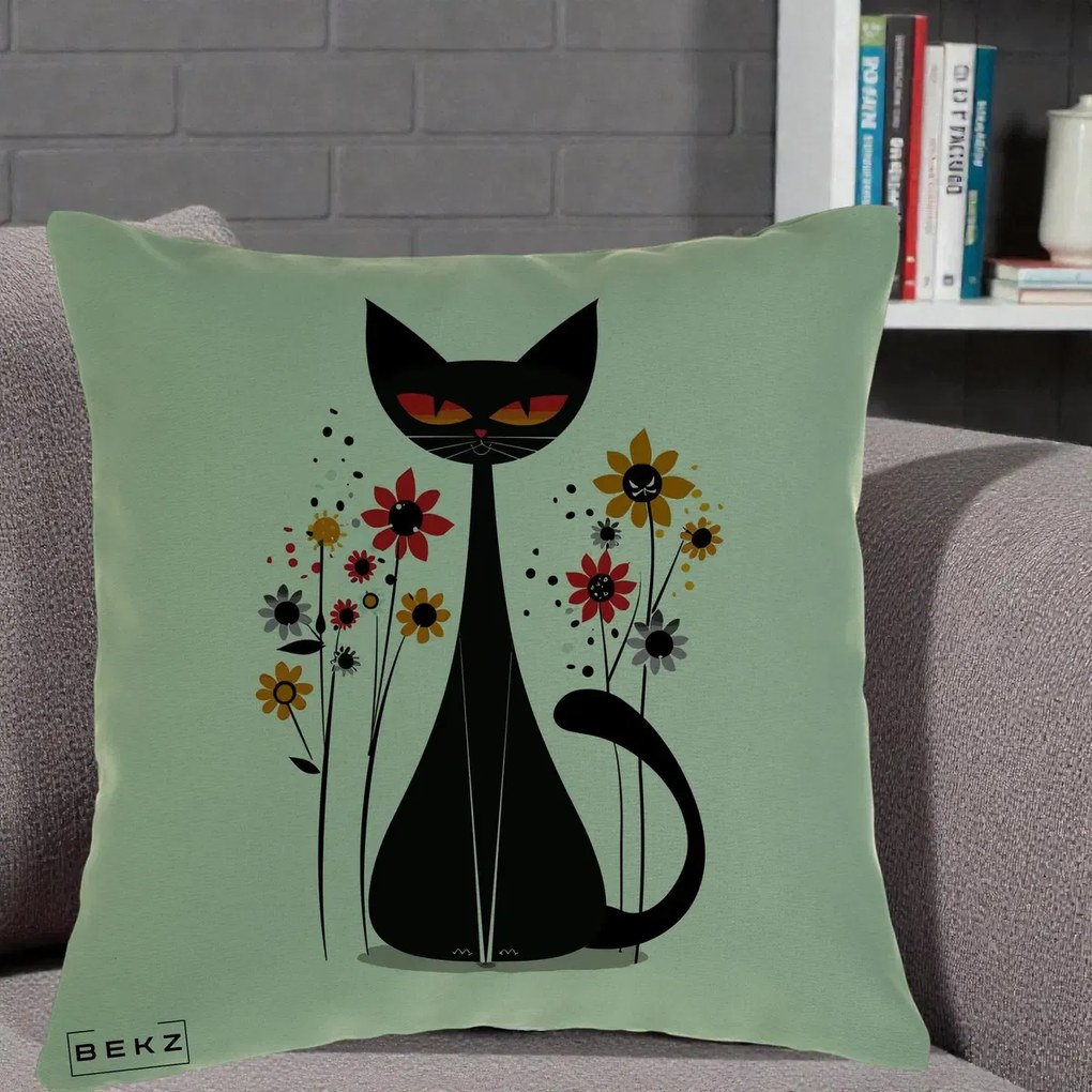 Perna Decorativa Pisica Neagra Ochi Rosii Flori, 40x40 cm, Verde, Husa Detasabila, Perna Inclusa, BEKZ®