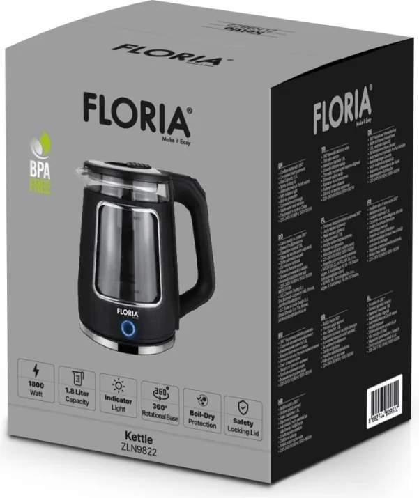 Fierbator Floria ZLN9822, Capacitate 1.8L, Baza rotativa 360 , Oprire automata manuala, Indicator luminos, 1800W