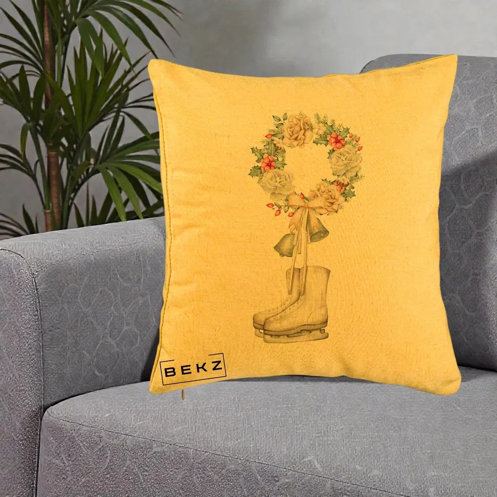 Perna Decorativa Patine cu Coroana Florala de Craciun, 40x40 cm, Galben, Husa Detasabila, Perna Inclusa, BEKZ®