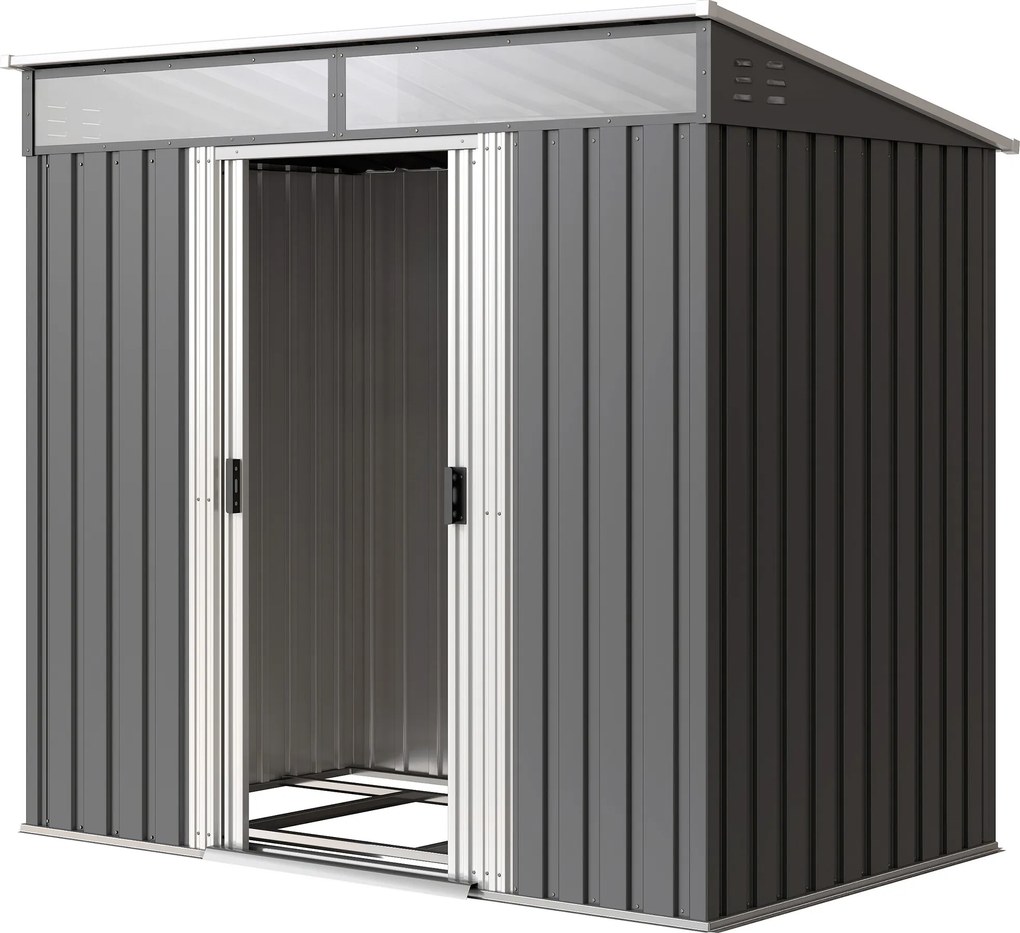 Outsunny Magazie 6,5 x 4 FT din metal galvanizat cu fundatie pentru gradina, Depozit cu incuietoare pentru unelte, Gri