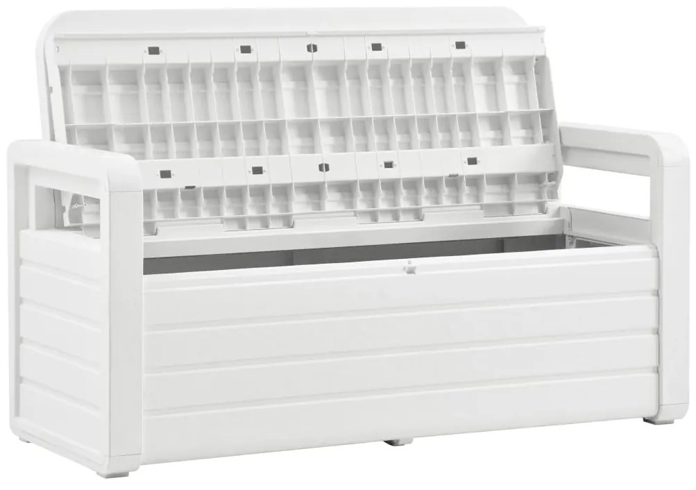 315638 vidaXL Bancă de grădină cu depozitare, alb, 132,5 cm, plastic