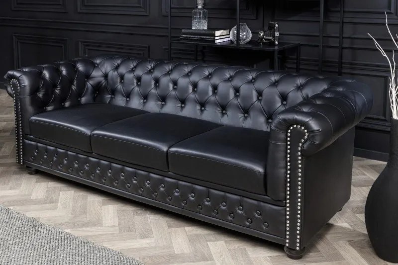 Canapea clasica stil englezesc Chesterfield 3 locuri, negru antic