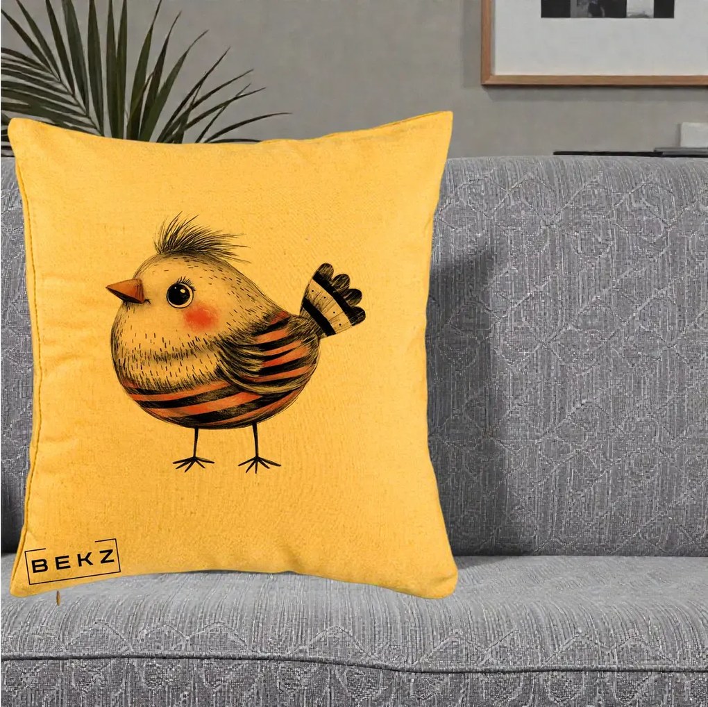 Perna Decorativa Pui Expresiv Dungi Negru-Rosu, 40x40 cm, Galben, Husa Detasabila, Perna Inclusa, BEKZ®
